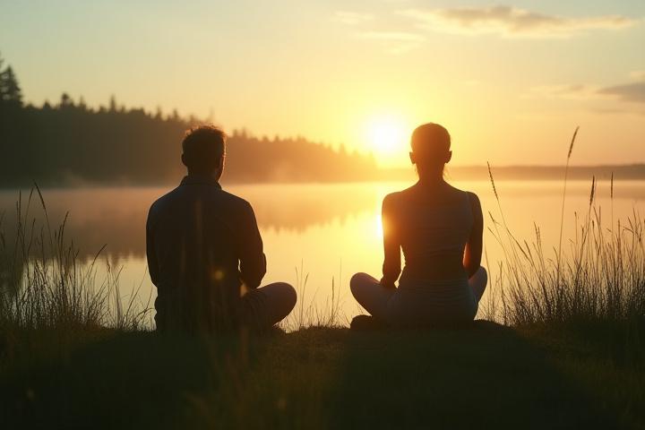 A serene lake landscape in Minnesota at dawn with two individuals meditating by the water's edge, representing balance and reflection