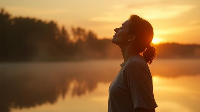 Woman enjoying a quiet moment by a Minnesota lake at sunset, releasing tension.