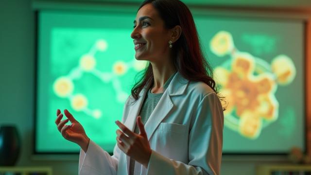 Expert explaining complex ideas about nutritional supplements, in an engaging presentation.