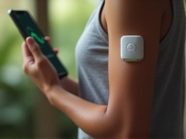 A discreet continuous glucose monitor (CGM) patch on an arm, with a smartphone displaying glucose levels.