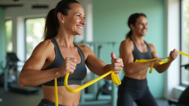 A middle-aged man and woman smiling in a bright, modern gym, lifting weights with good form, representing strength training for over 40s.