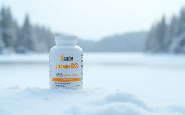 Bottle of Superior Supplements Vitamin D3 with a Minnesota lake and pine trees in the blurred background.