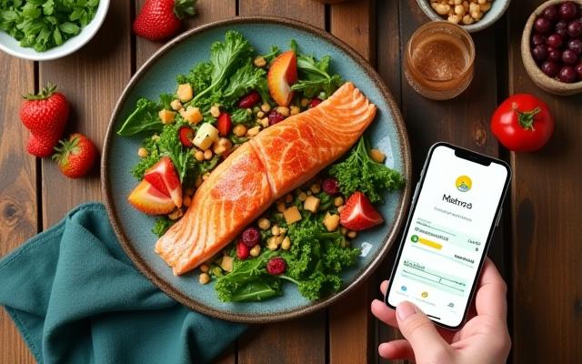A vibrant image of healthy food, fresh produce, and a tablet or smartphone displaying a nutrition tracking app or meal planner.